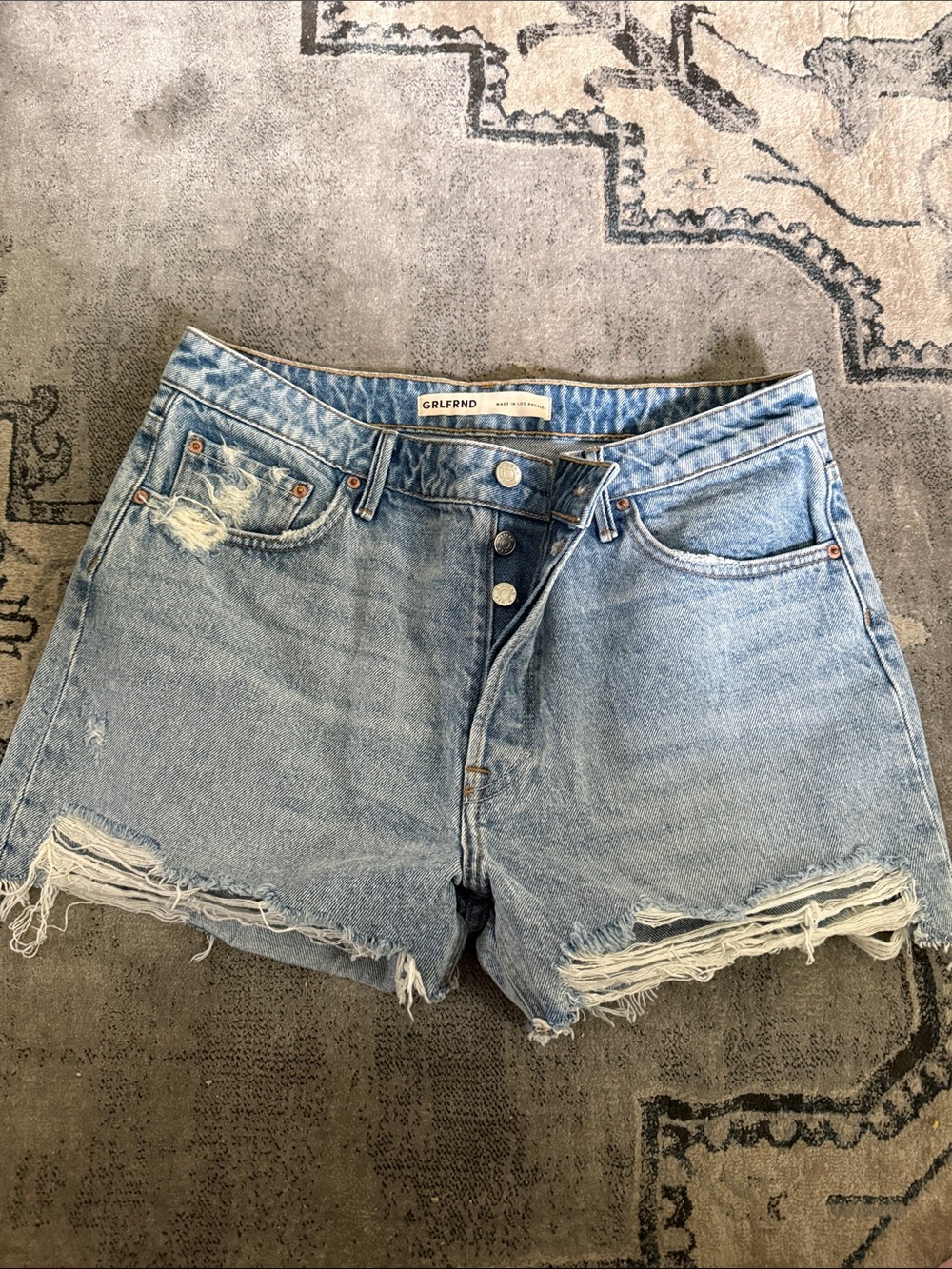 GRLFRND Light Blue High-Rise Distressed Denim Cutoff Shorts